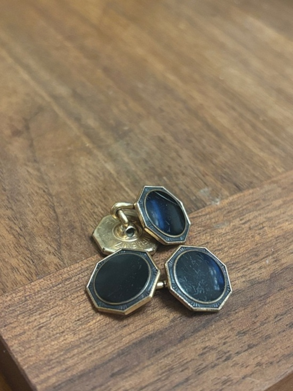 Vintage/antique KREMENTZ Gold Octagon Double-Chain Cufflinks with Black Inset
